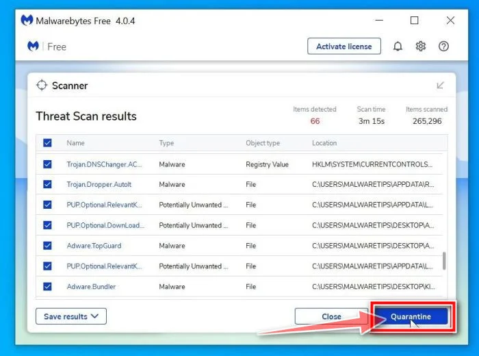 Review the malicious programs and click on Quarantine to remove Hohfeldman.space