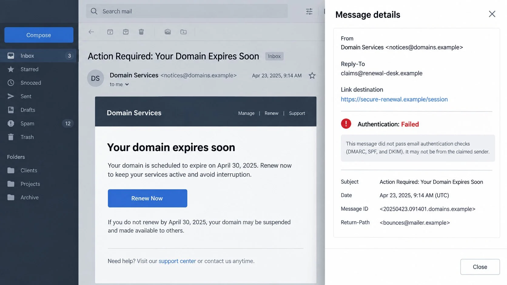 Domain Expired Email Scam: Fake Reactivation Login Page Fully Exposed Today 3 Illustrative email details showing a mismatched domain renewal sender and link