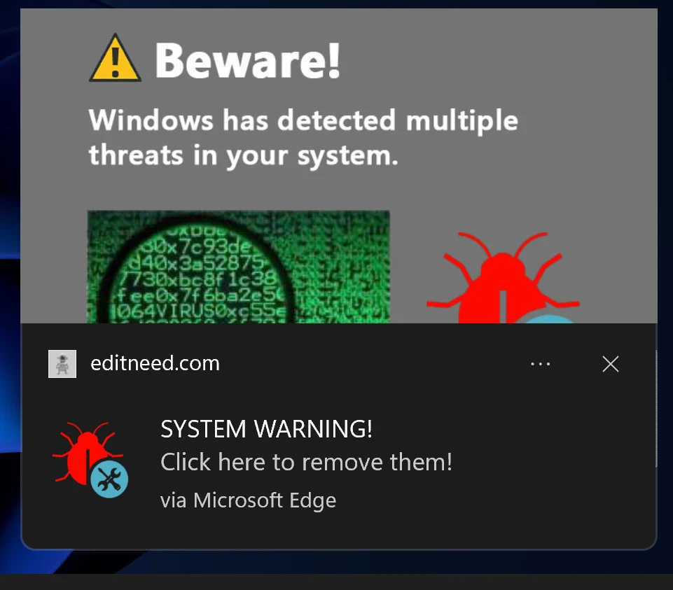 Screenshot of Beware! Windows Has Detected Multiple Threats Pop-up Ads