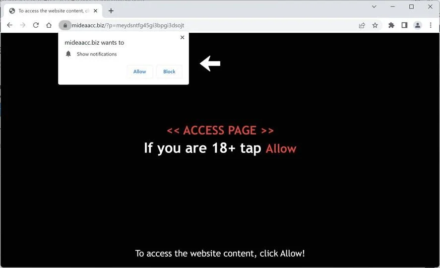 Remove Mideaacc.biz Pop-up Ads (Virus Removal Guide) 1 Image: Chrome browser is redirected to Mideaacc.biz