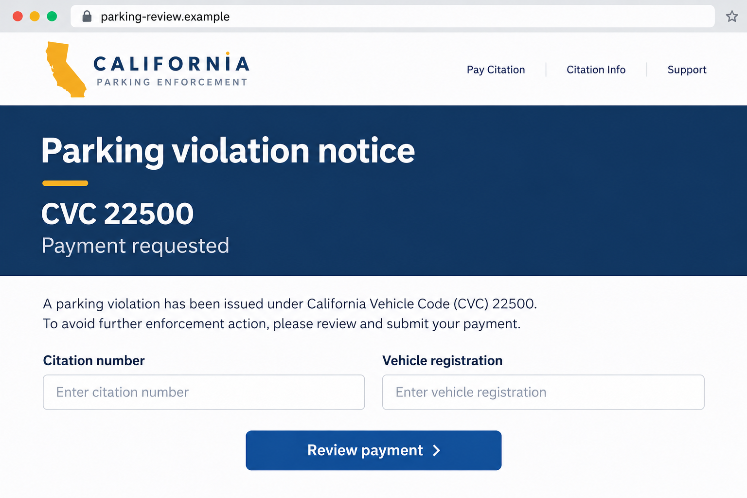 CVC 22500 Scam Text: A Real California Parking Law Hides a Fake Fine Demand 1 Illustrative digital CVC 22500 payment demand with unfilled citation fields and a fictional example address