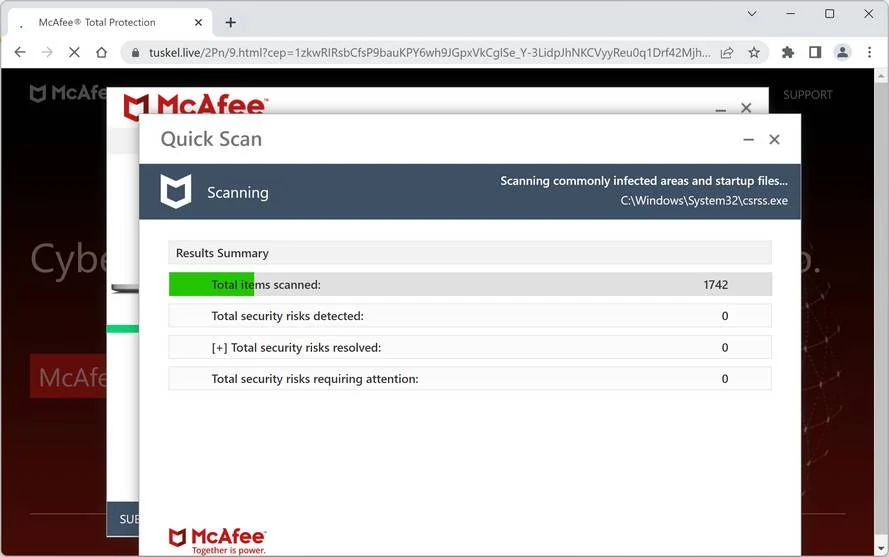 Screenshot of Tuskel.live Fake Antivirus Scan 
