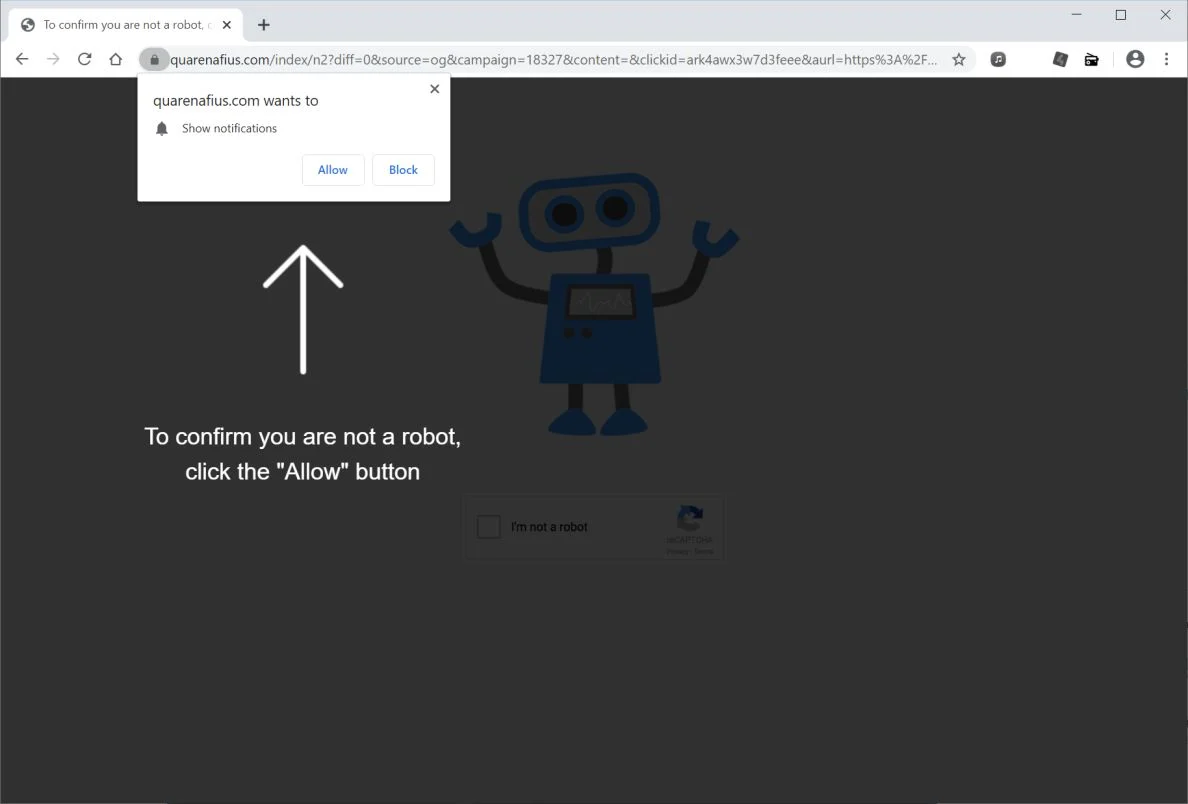 Image: Chrome browser is redirected to Quarenafius.com