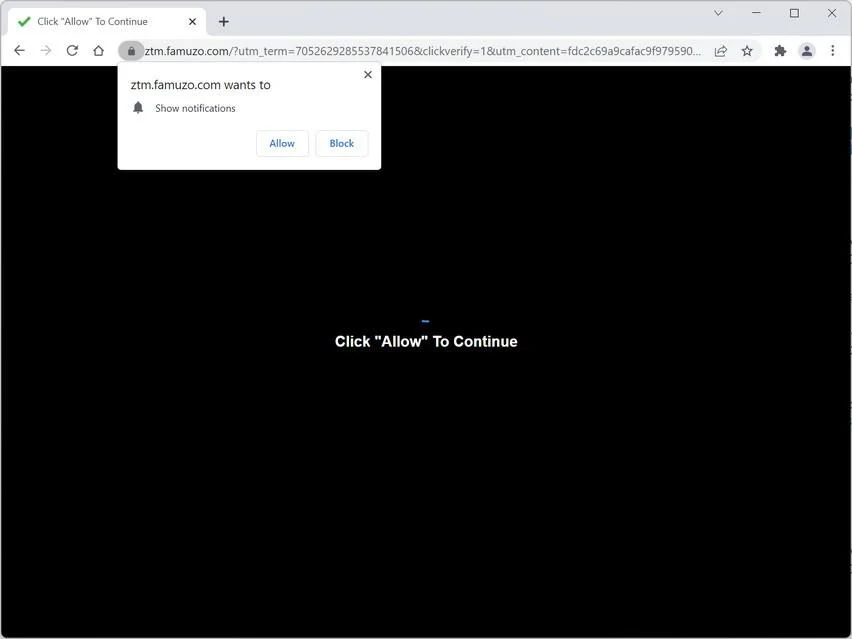 Image: Chrome browser is redirected to Ztm.famuzo.com