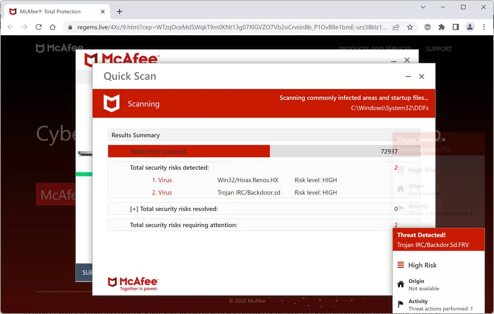 Image: Regems.live Fake McAfee Virus Alert