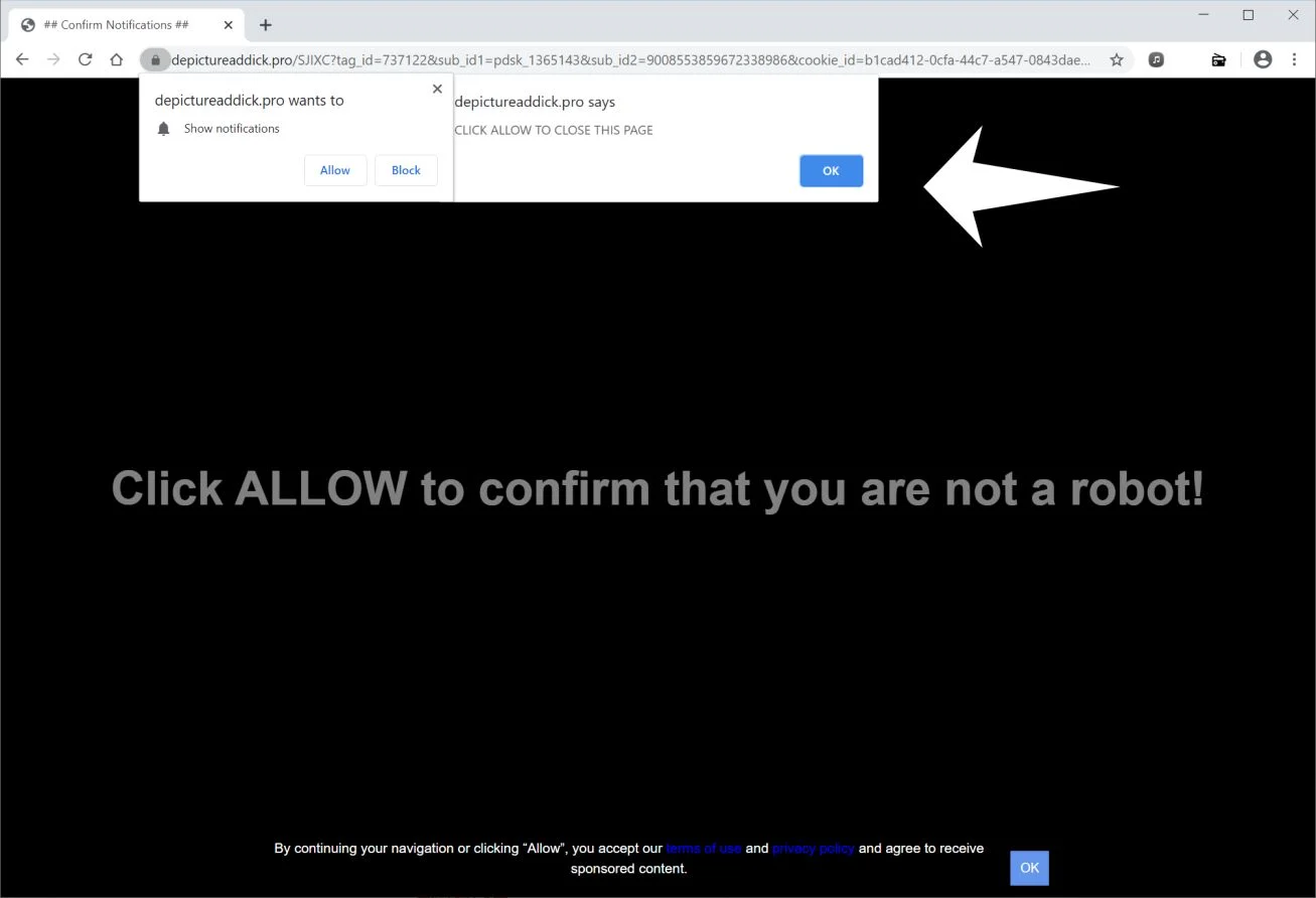 Image: Chrome browser is redirected to Depictureaddick.pro