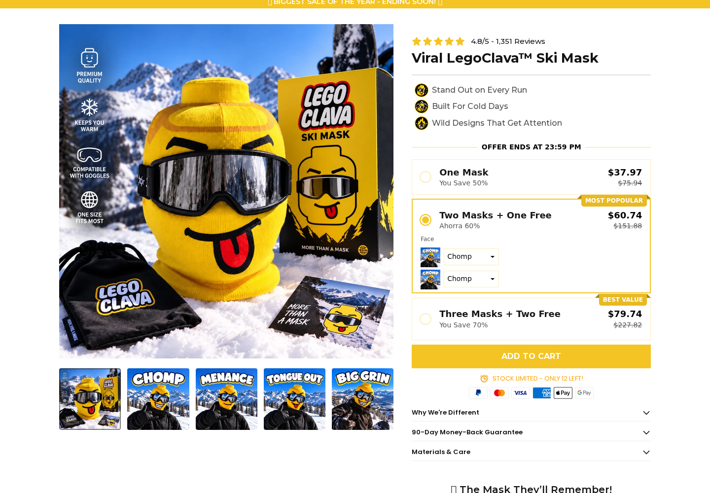 LegoClava Ski Mask Review: Missing Fabric Details and Bundle Buying Risks 1 LegoClava ski mask sales page displaying its yellow novelty mask and bundle offer