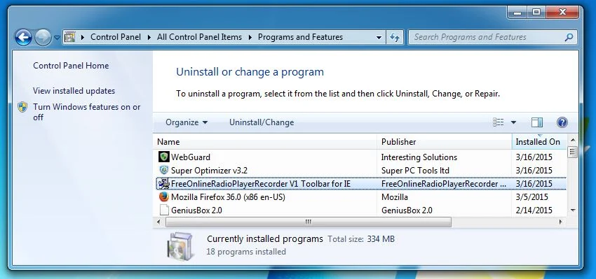 Remove FreeOnlineRadioPlayerRecorder Toolbar from Windows