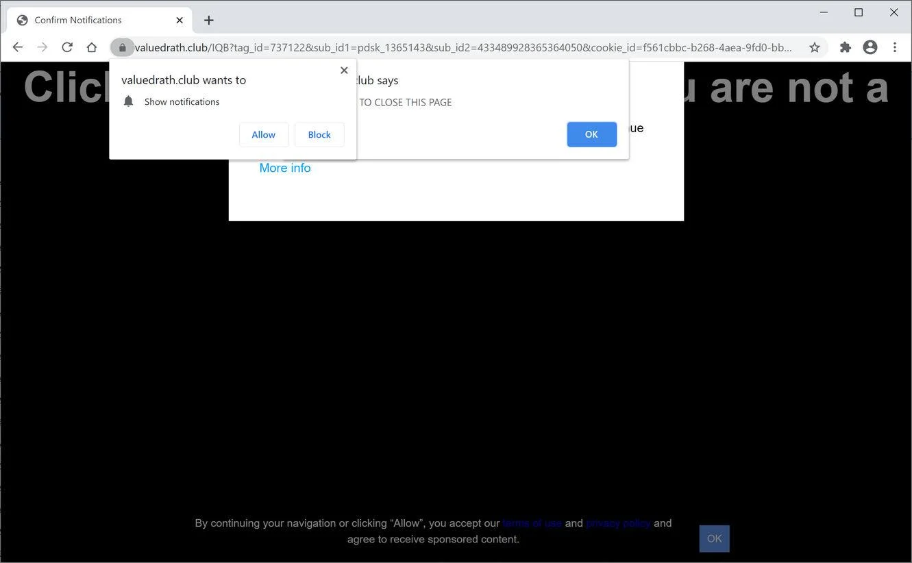 Image: Chrome browser is redirected to Valuedrath.club