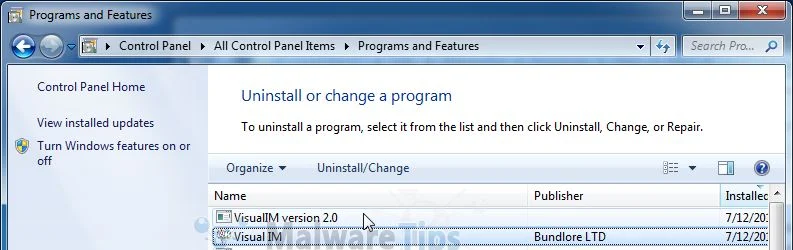 Uninstall Visual IM program from Windows [Image: Uninstall Visual IM program from Windows