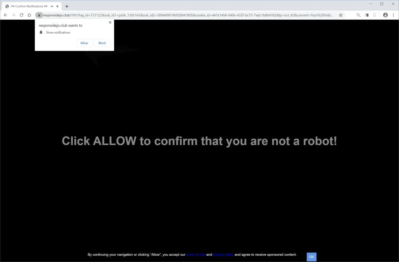 Image: Chrome browser is redirected to Responsidejo.club