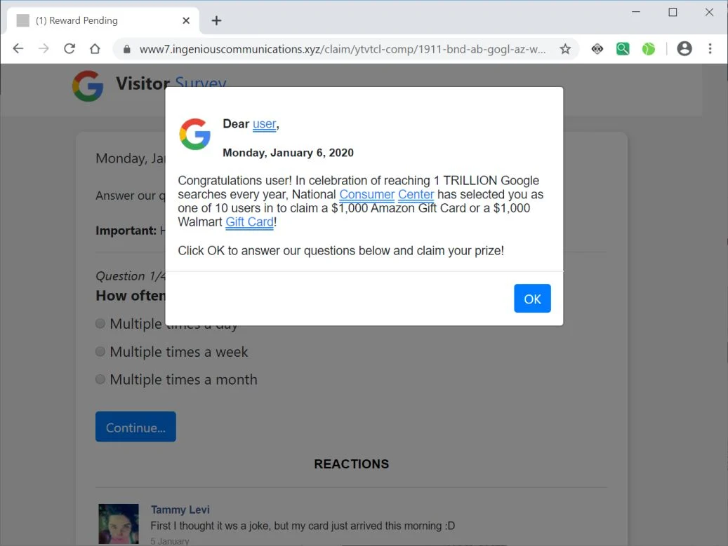 Image: Chrome browser is redirected to Ingeniouscommunications.xyz