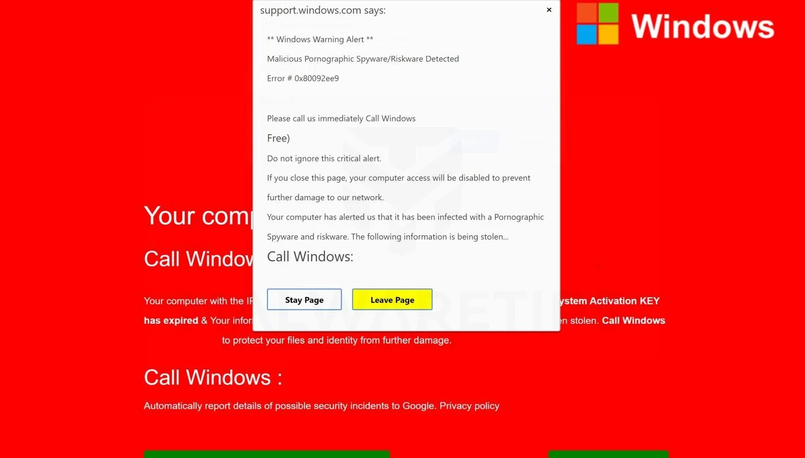 How to remove "Error # 0x80092ee9" pop-up scam (Guide) 1 Image: Error # 0x80092ee9 - Tech Support Scam