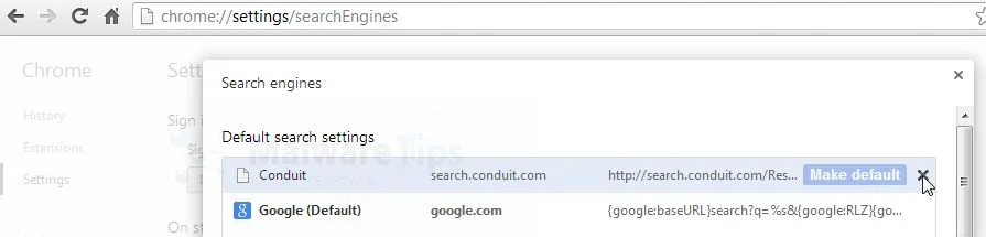 [Image: Click on X to remove Conduit Search from Chrome]