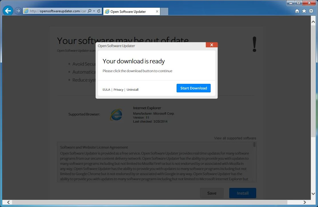[Image: OpenSoftwareUpdater.com popup virus]