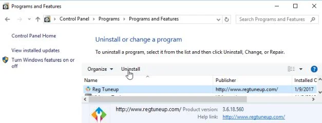 Uninstall Reg Tuneup from Windows Uninstall Reg Tuneup