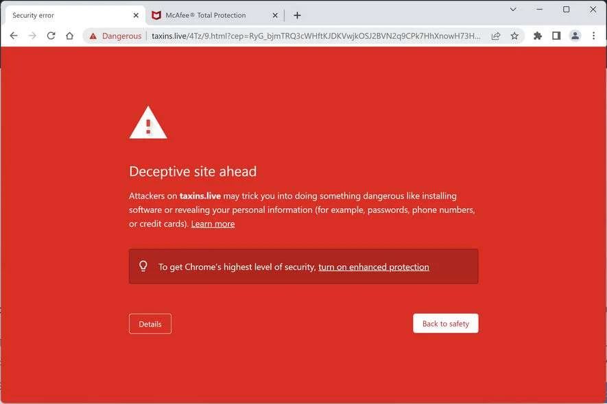 Image: Chrome browser is redirected to Taxins.live