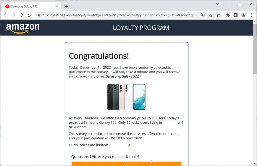 Image: Osmeetthe.live Fake Amazon Loyalty Program Survey