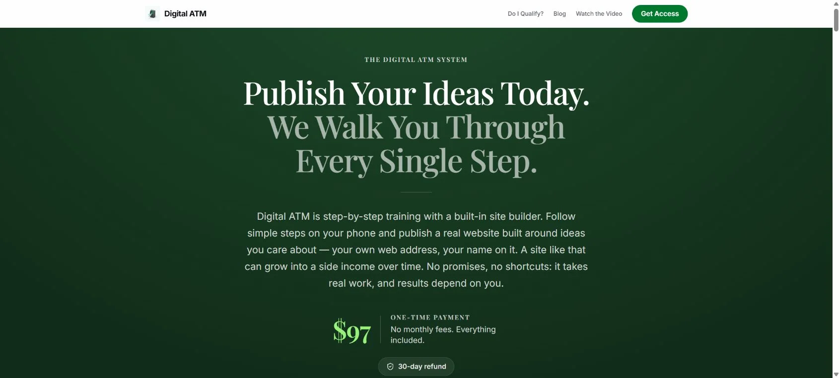 Digital ATM System website selling a website-building training product for $97