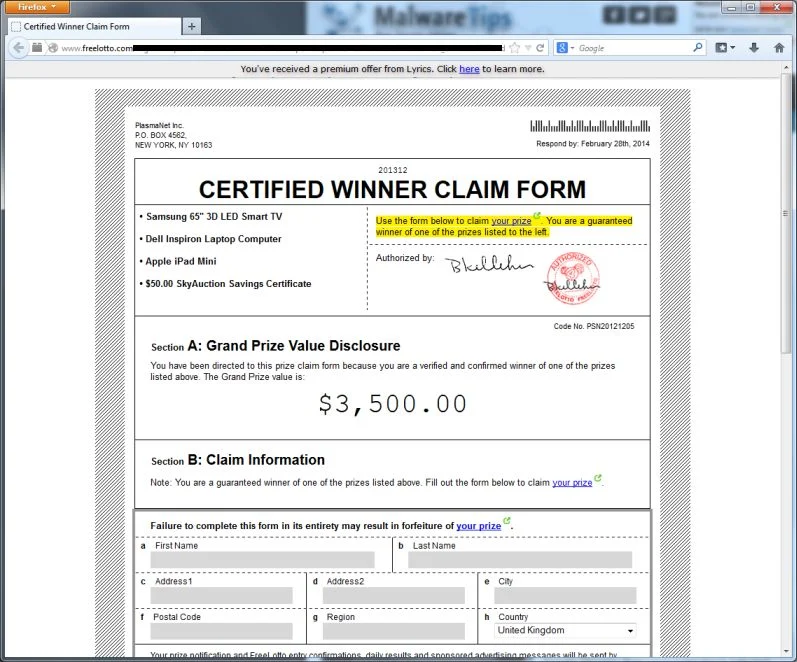 [Image: freelotto.com pop-up ad]