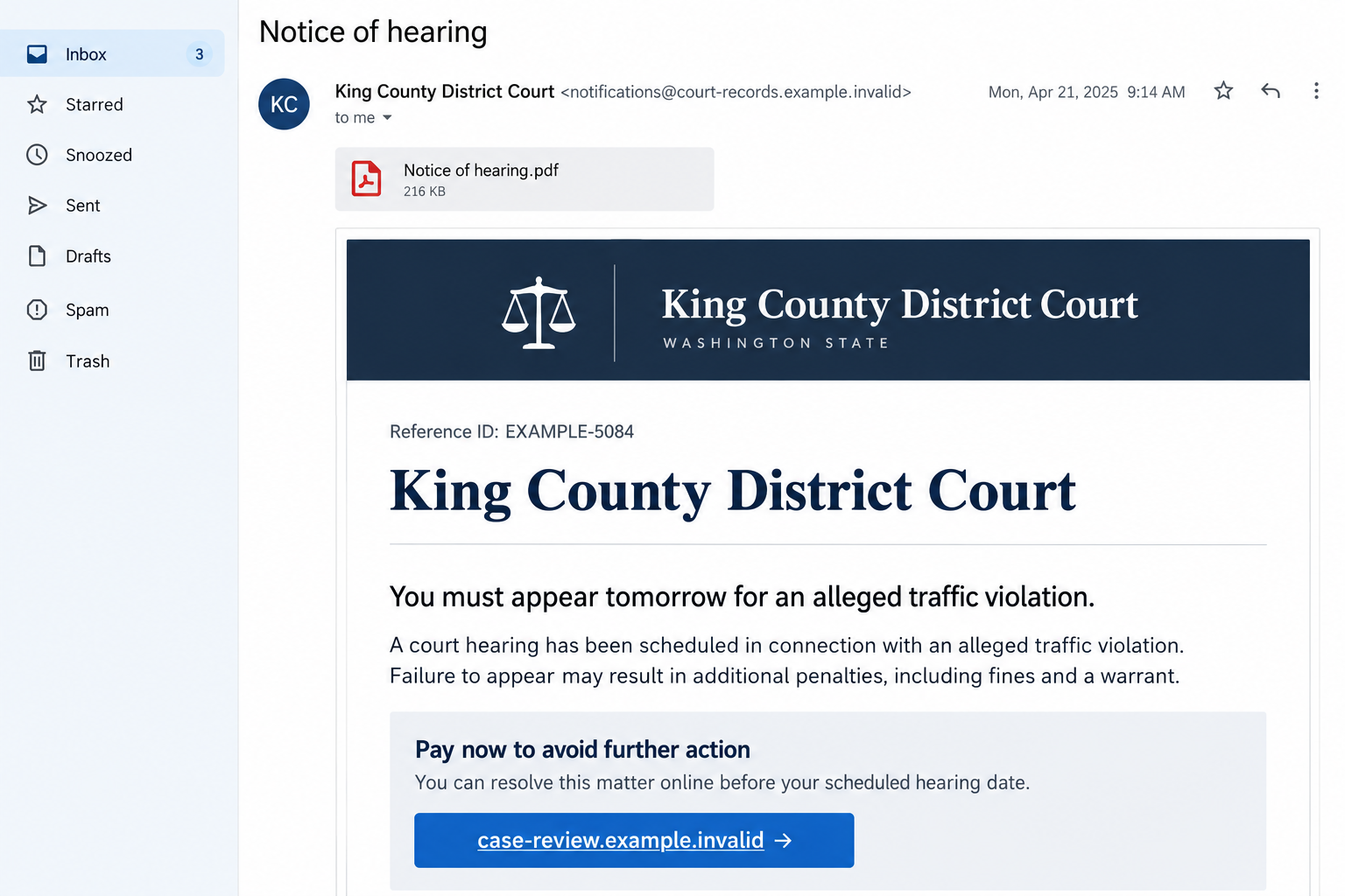 Illustrative King County hearing-notice email with fictional reference details and payment link