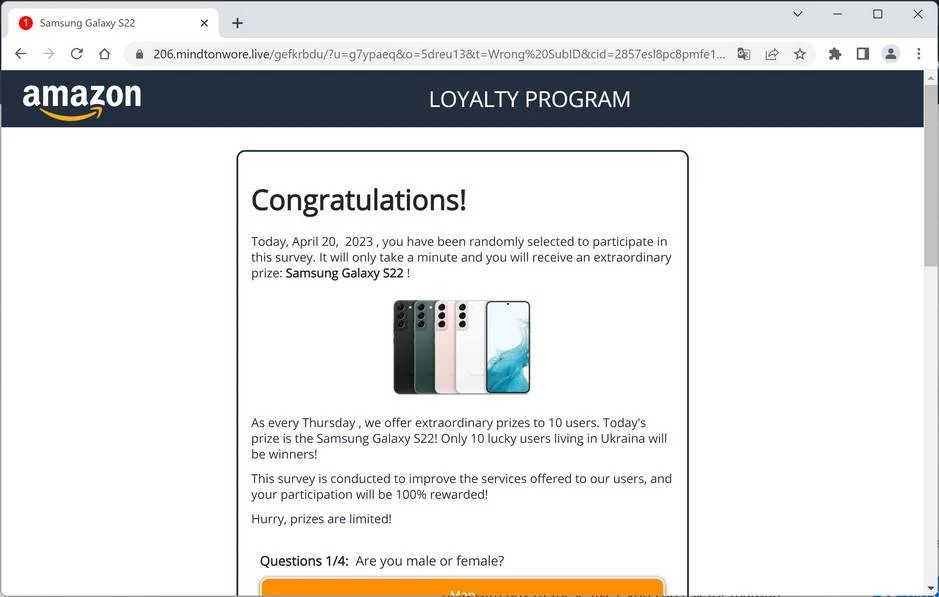 Screenshot of Mindtonwore.live Fake Survey