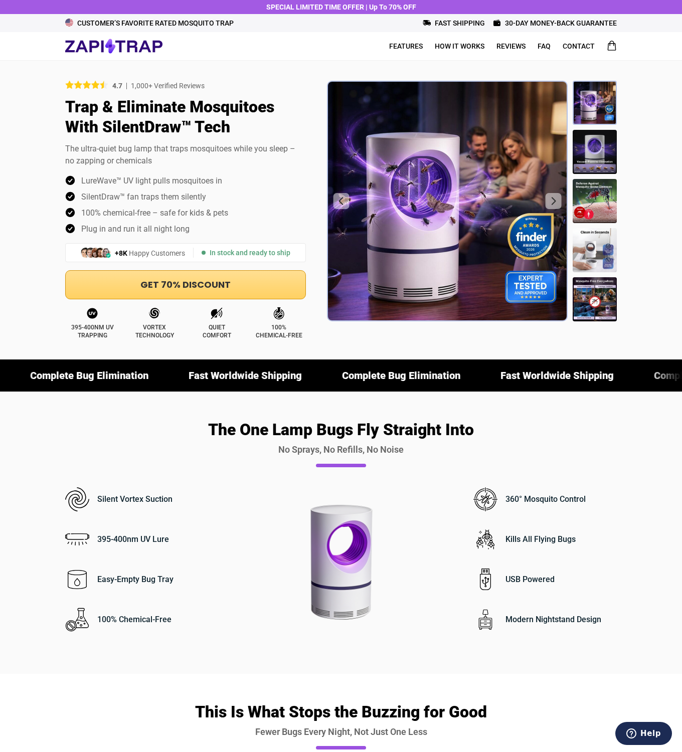 ZapiTrap sales page showing its UV fan lamp, bite-control claims, discount and promotional badges