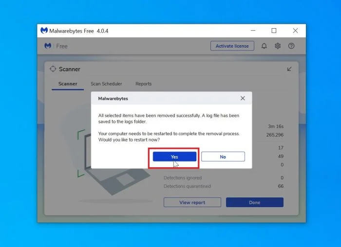 Malwarebytes requesting to restart computer to complete malware removal process