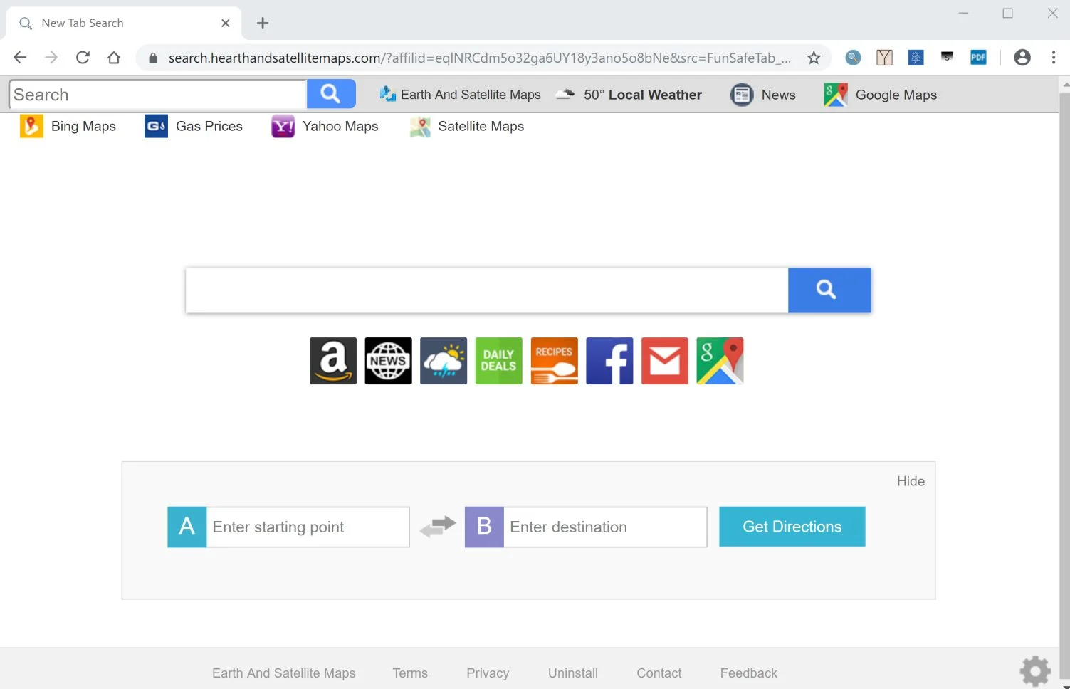 Image: Chrome browser is redirected to the search.hearthandsatellitemaps.com site