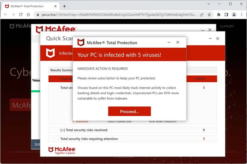 Image: Pecur.live Fake McAfee Virus Alert