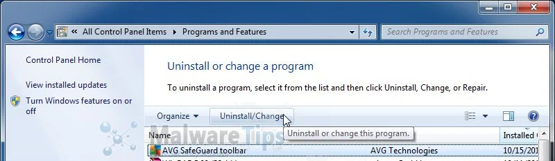 [Image: Uninstall the AVG Secure Search programs]
