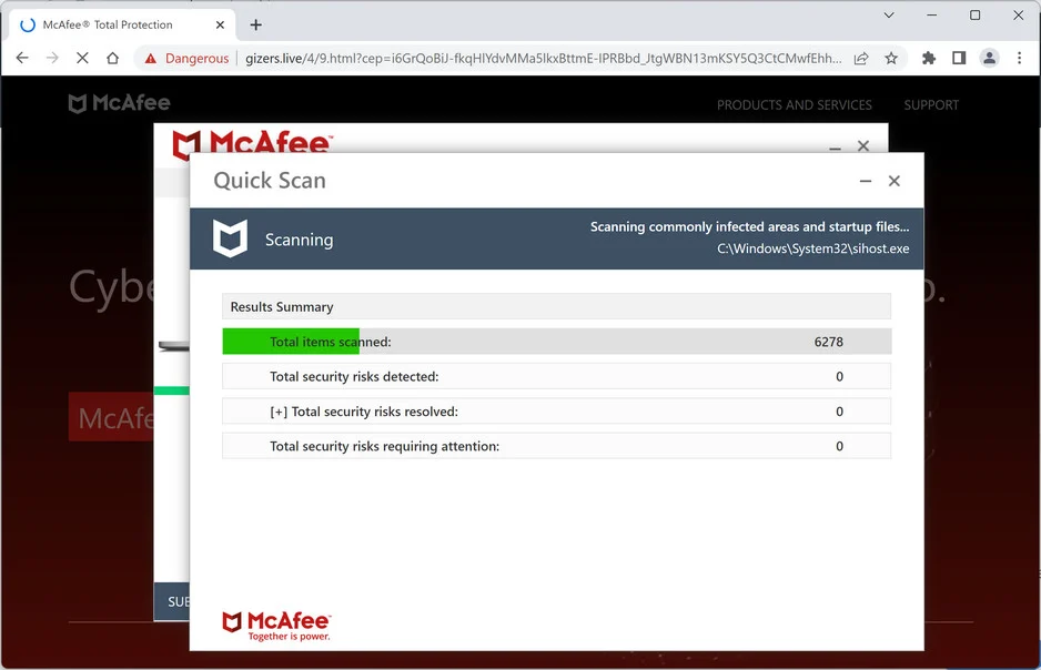Image: Gizers.live Fake McAfee Virus Alert