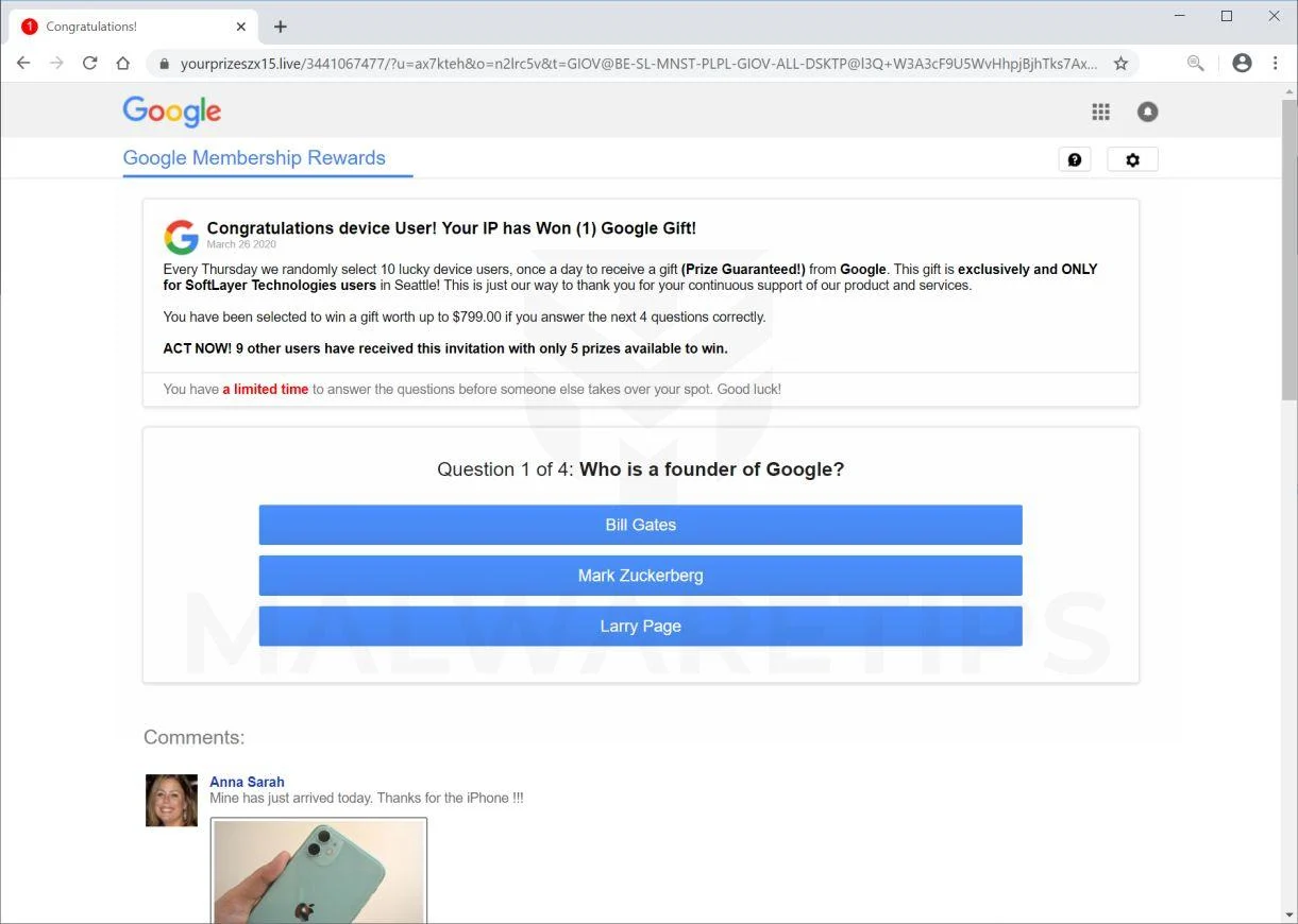 Image: Your IP has Won (1) Google Gift Pop-up Scam