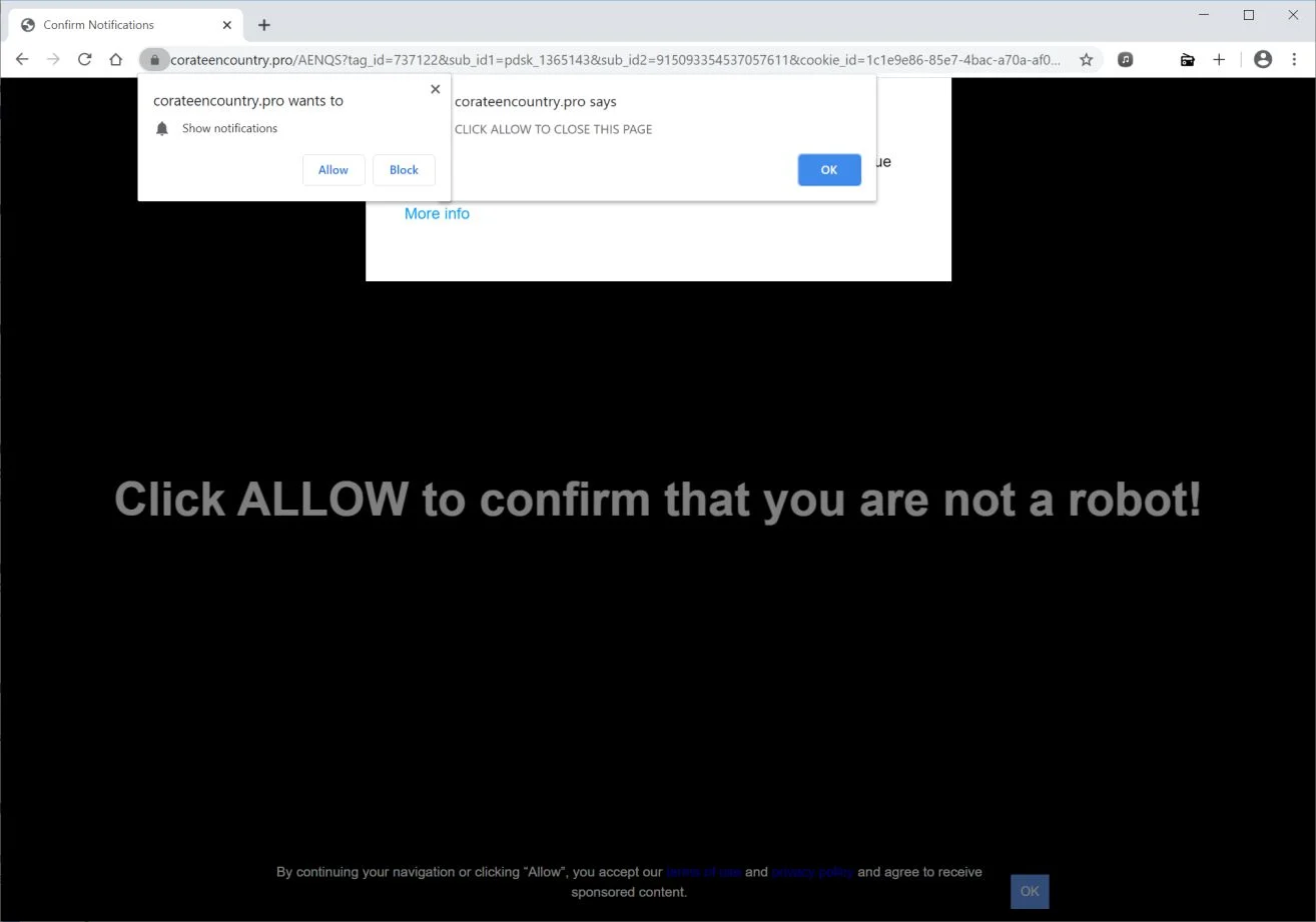 Remove Corateencountry.pro pop-up ads (Virus Removal Guide) 1 Image: Chrome browser is redirected to Corateencountry.pro