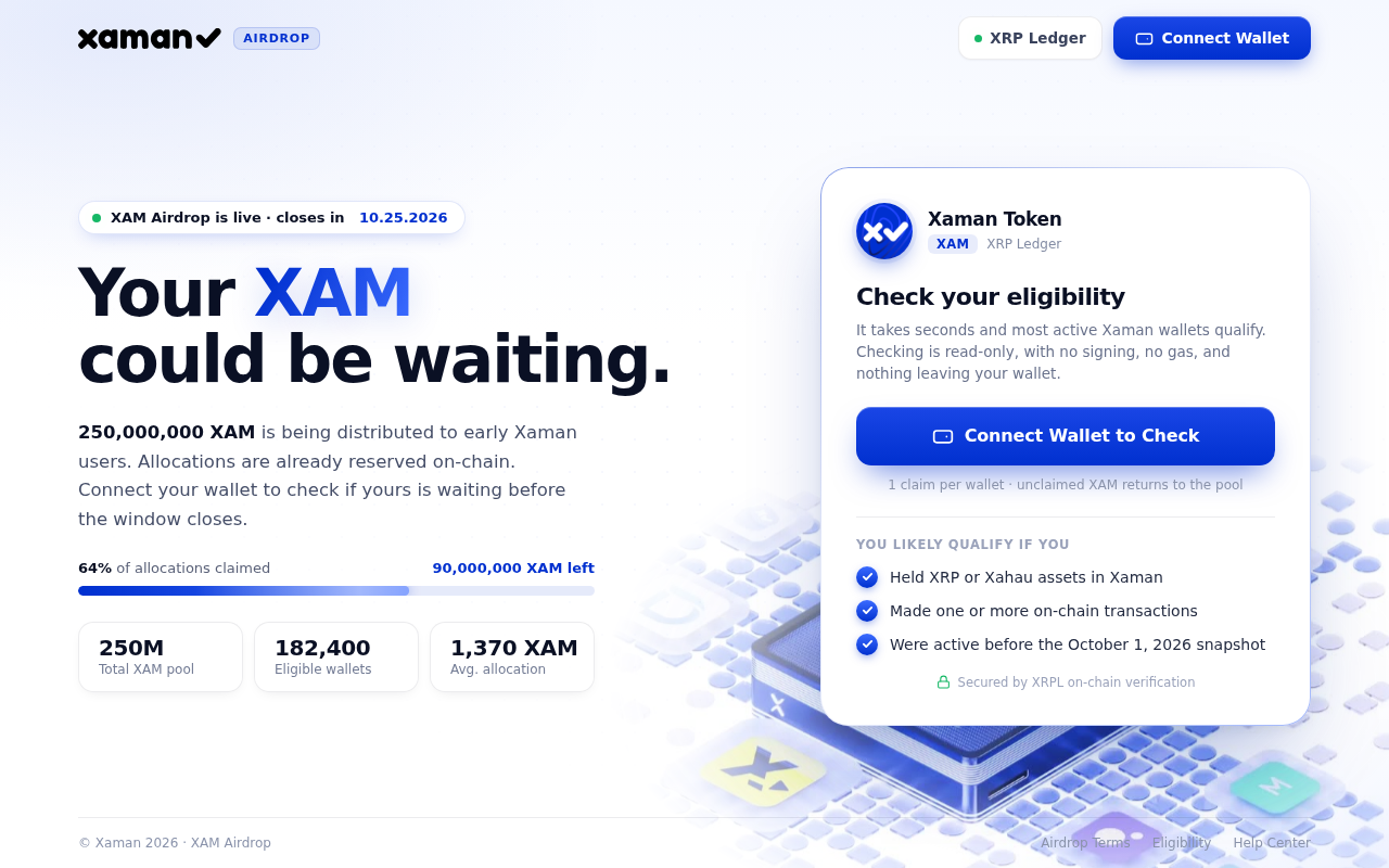 Xaman Airdrop Scam Exposed: Fake 250 Million XAM Wallet Claim Investigated 1 Original capture of xrpl-xaman.com advertising a 250 million XAM airdrop with a Connect Wallet eligibility button and October 25 closing date