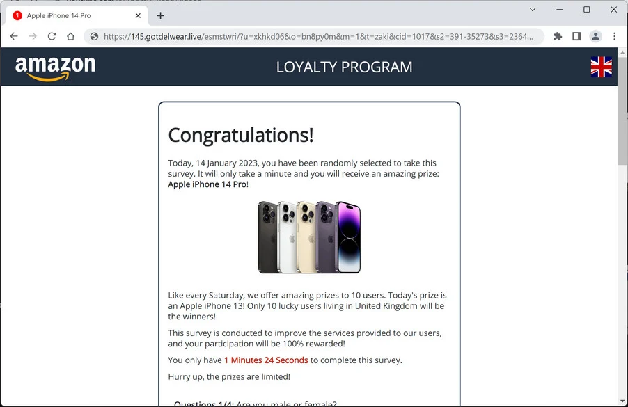 Image: Gotdelwear.live Fake Amazon Survey