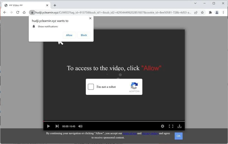 Image: Chrome browser is redirected to Yclearnin.xyz