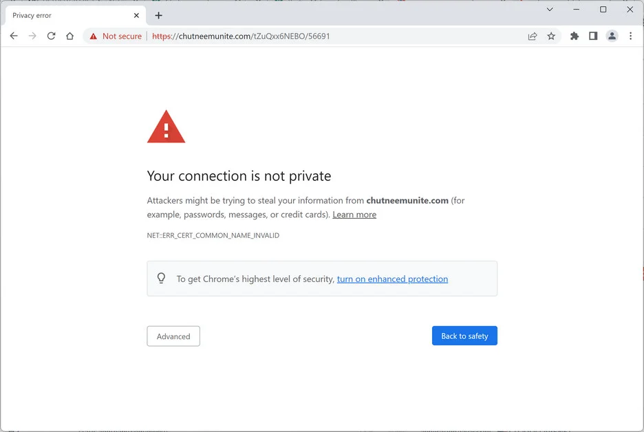 Image: Chrome browser is redirected to the Chutneemunite.com site