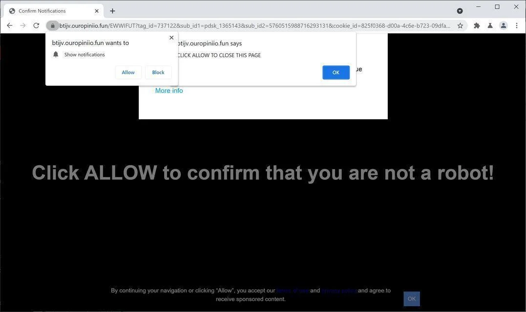 Remove Ouropiniio.fun pop-up ads (Virus Removal Guide) 1 Image: Chrome browser is redirected to Ouropiniio.fun