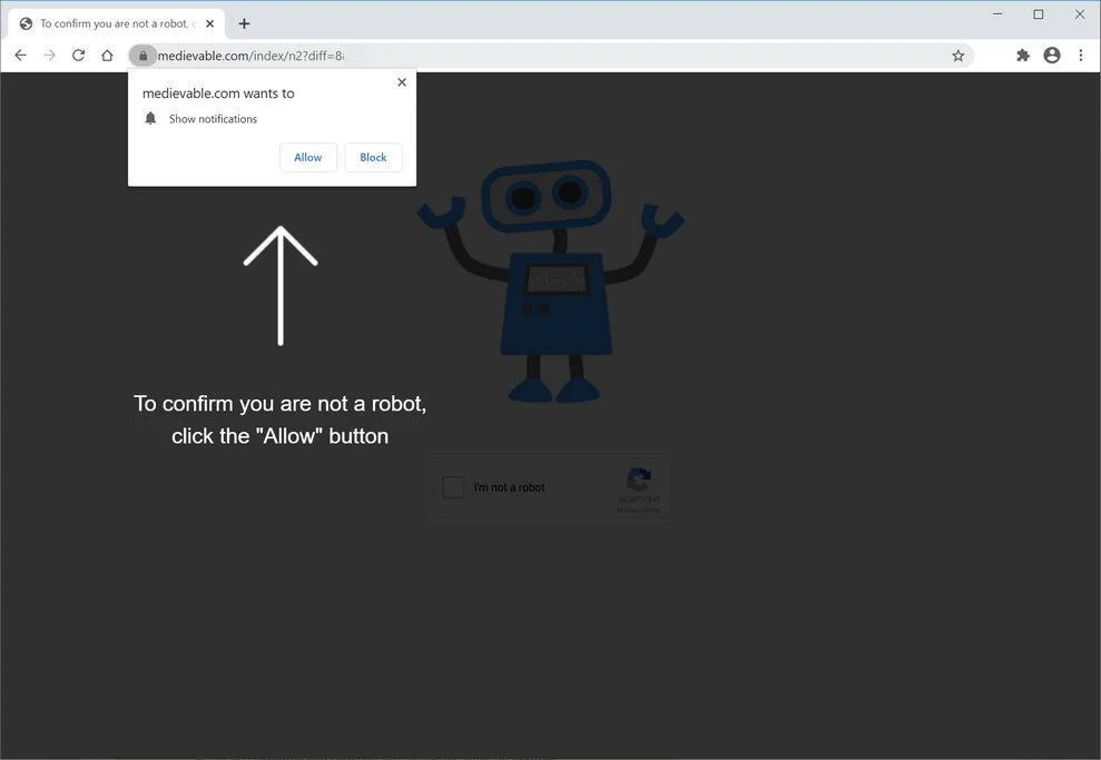 Image: Chrome browser is redirected to Medievable.com