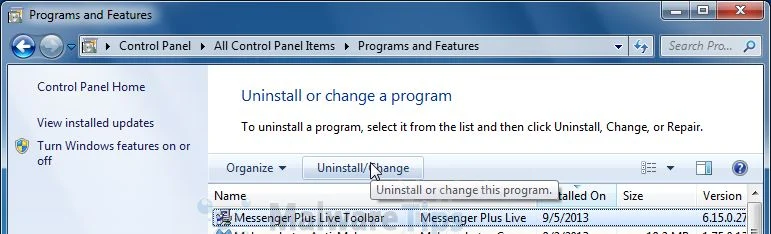 [Image: Uninstall Messenger Plus Toolbar from Windows]