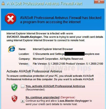 [Image: AVASoft Antivirus Professional Firewall Alert]