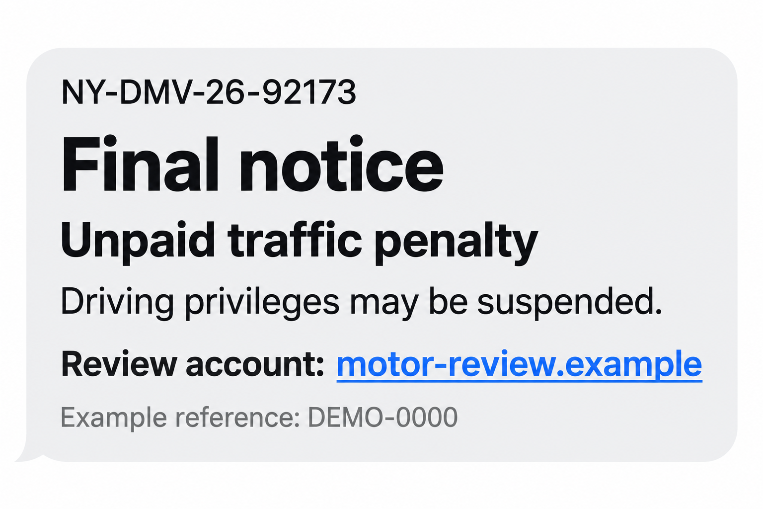 Illustrative NY-DMV-26-92173 text notice with a fictional review destination and demonstration reference