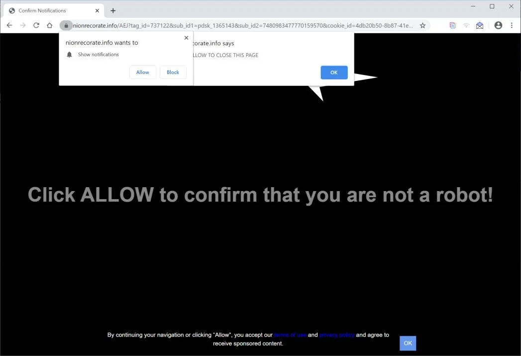 Image: Chrome browser is redirected to Nionrecorate.info