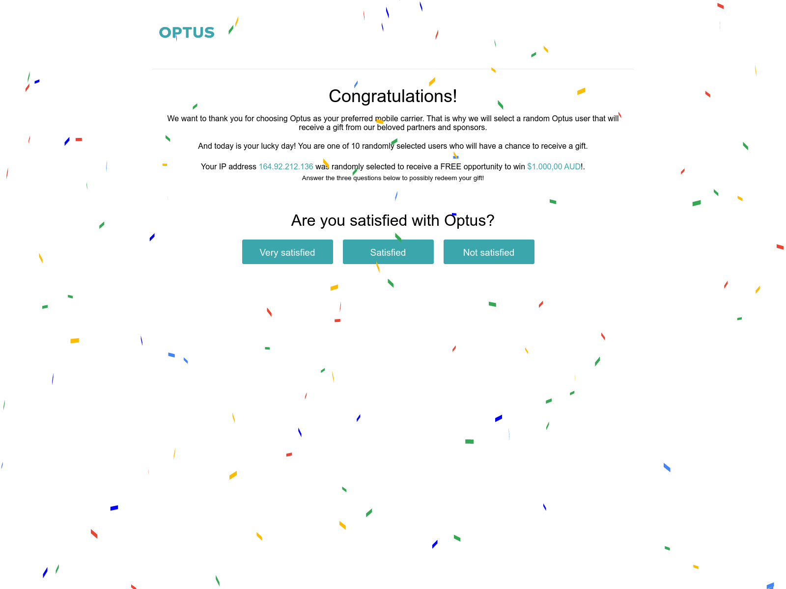 Image: Malicious site showing a fake Optus Survey scam