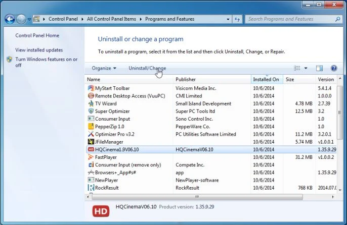 Remove HQCinema1.9V06.10 from Windows