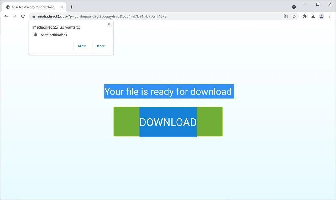 Image: Chrome browser is redirected to Mediadirect2.club