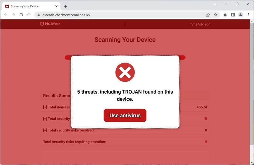 Image: Essentialcheckserviceonline.click Fake McAfee Virus Alert