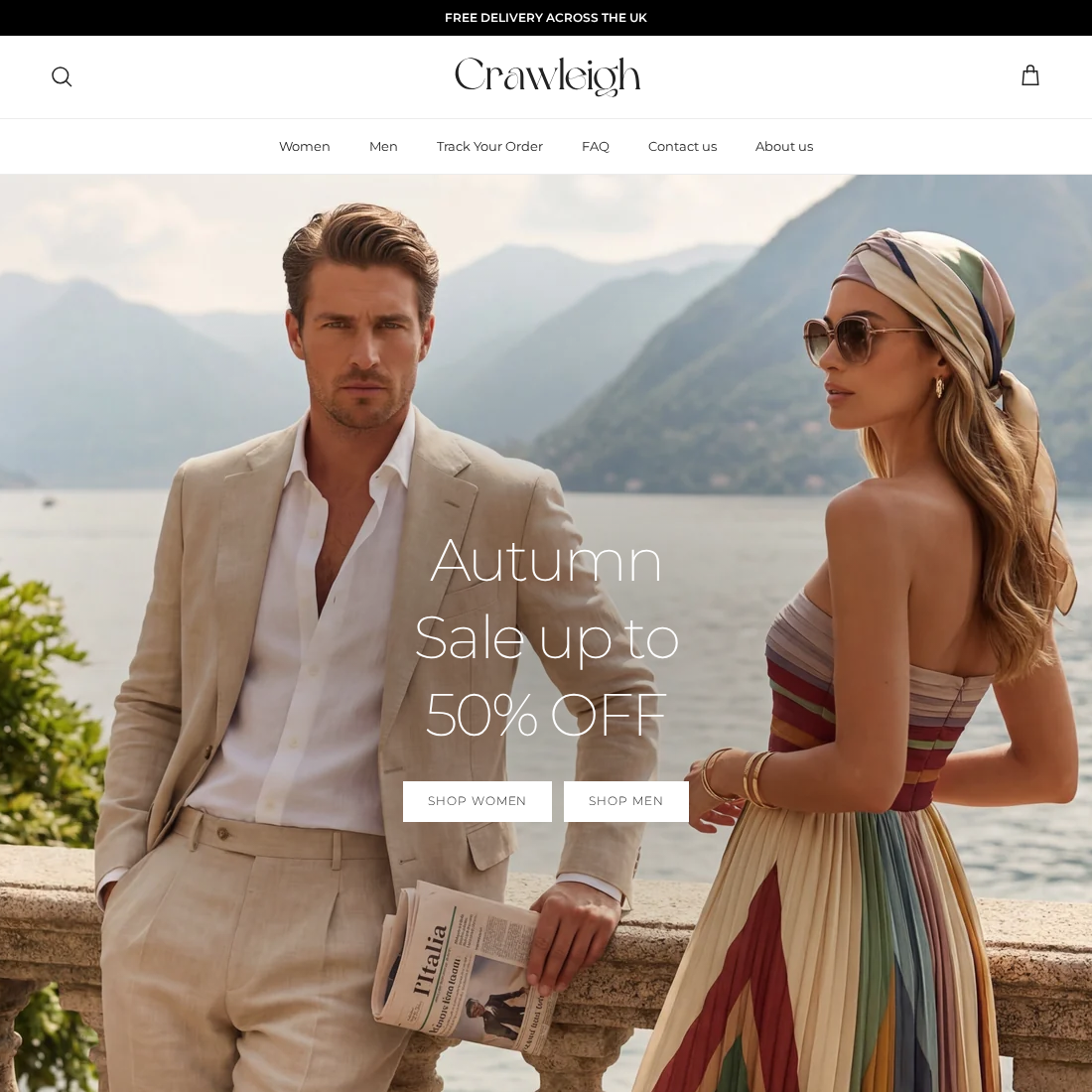 Craw-leigh clothing storefront advertising its autumn sale and free UK delivery