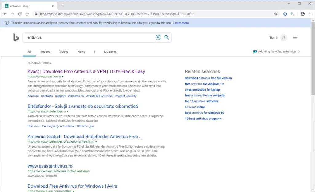 Image: Chrome browser is redirected to Bing.com